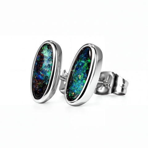 Boulder Opal Earrings in 14K White Gold - Green-Blue - Australian Opal Cutters and Pearl Divers