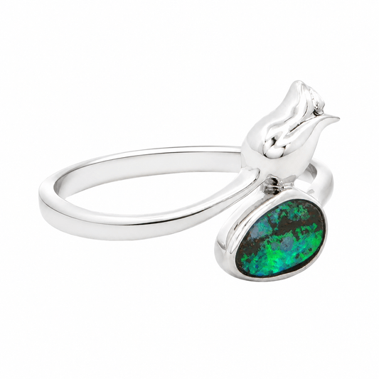 Boulder Opal Rose Ring set in 925 Sterling Silver - Blue-Green - Australian Opal Cutters and Pearl Divers