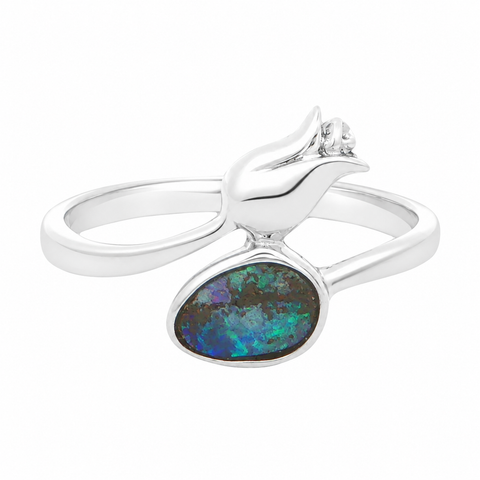 Boulder Opal Rose Ring set in 925 Sterling Silver - Blue-Green