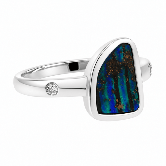 Boulder Opal Ring set in 925 Sterling Silver - Green-Blue - Australian Opal Cutters and Pearl Divers