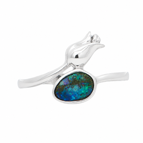 Boulder Opal Rose Ring set in 925 Sterling Silver - Blue-Green