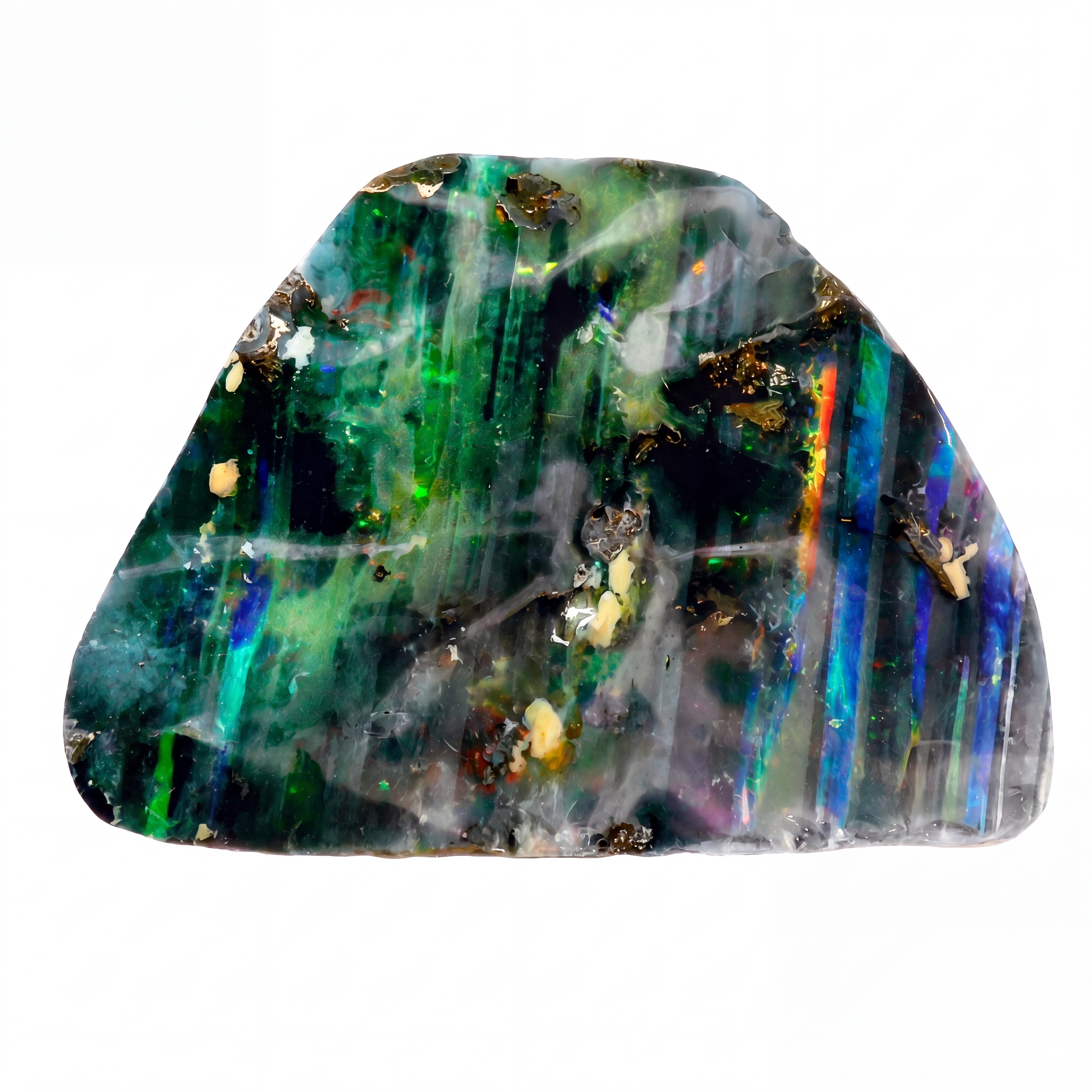 A raw, polished opal stone with vibrant green, blue, and iridescent rainbow flashes, set against a plain white background.