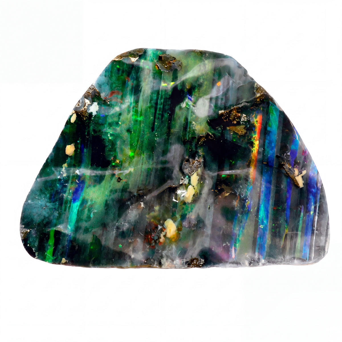 A raw, polished opal stone with vibrant green, blue, and iridescent rainbow flashes, set against a plain white background.