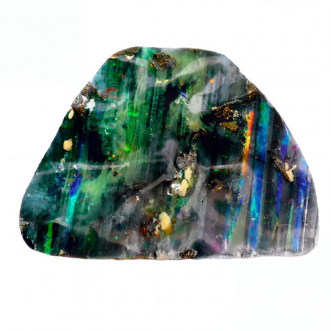 A raw, polished opal stone with vibrant green, blue, and iridescent rainbow flashes, set against a plain white background.
