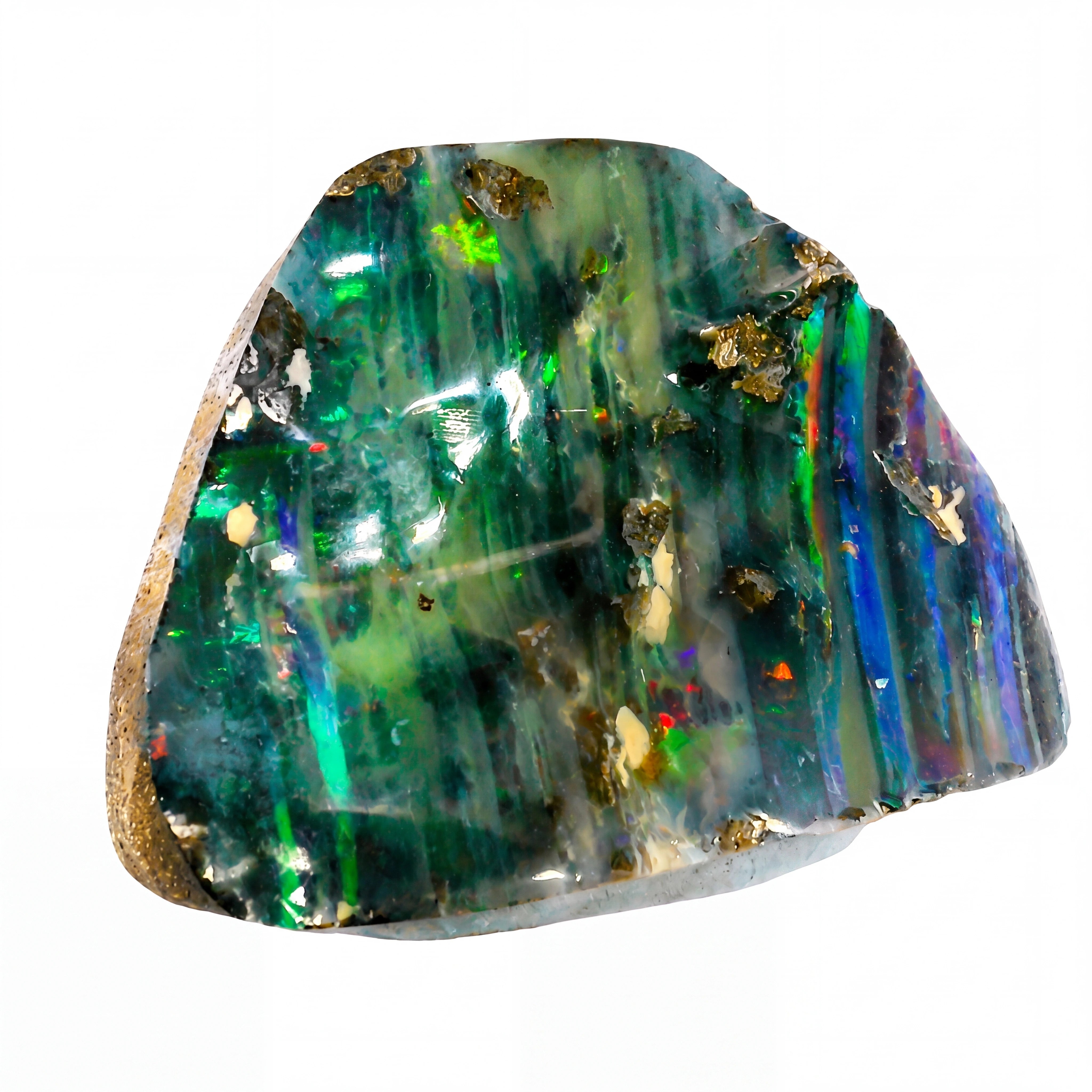 A raw, polished opal stone with a triangular shape, showcasing vibrant green, blue, and orange iridescent flashes over a dark grey base, with rough brown matrix visible along the left edge, set against a plain white background.