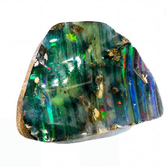 A raw, polished opal stone with a triangular shape, showcasing vibrant green, blue, and orange iridescent flashes over a dark grey base, with rough brown matrix visible along the left edge, set against a plain white background.