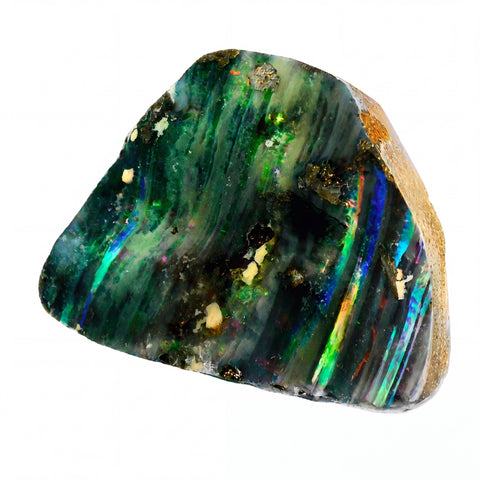 A raw opal stone with a highly iridescent, multicoloured surface showing green, blue, and orange flashes, alongside a rough tan-brown matrix, isolated on a white background.