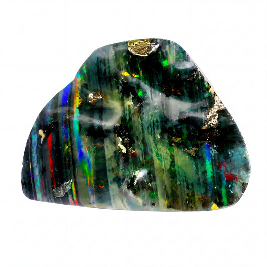 A polished natural opal stone with a triangular shape, displaying vibrant iridescent colours including green, blue, red, yellow, and black, set against a plain white background.