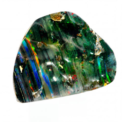 A raw, polished opal stone with a highly iridescent play-of-colour, featuring vibrant green, blue, orange, and gold flecks on a white base, isolated on a solid white background.