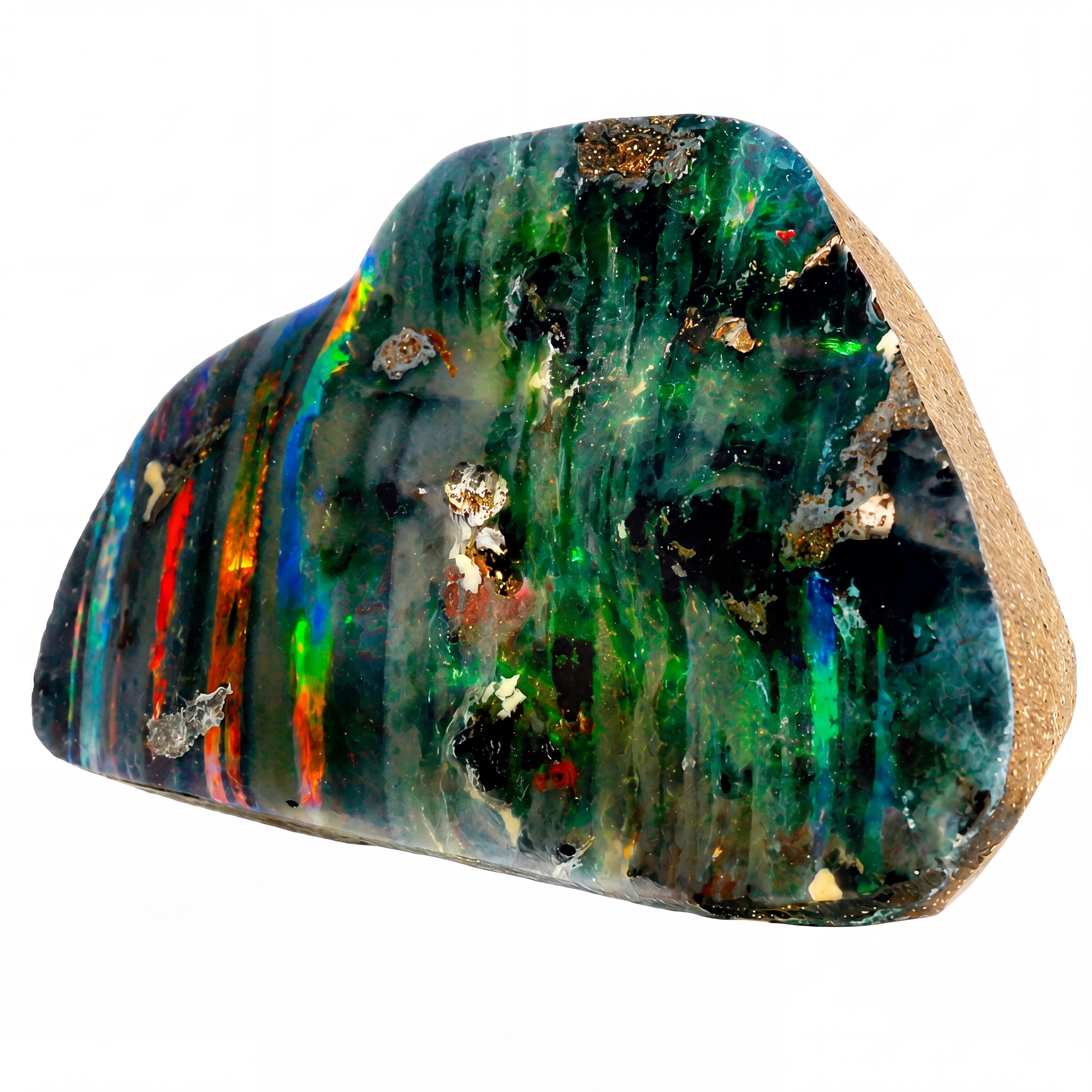 A raw natural opal stone with vibrant green, blue, orange, and red iridescent bands over a tan textured base, photographed on a solid white background.