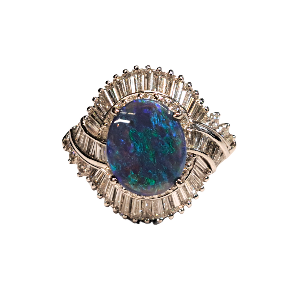 Black Opal 2.66ct  Ring set in Platinum with 12 Diamonds TW 0.780 ct