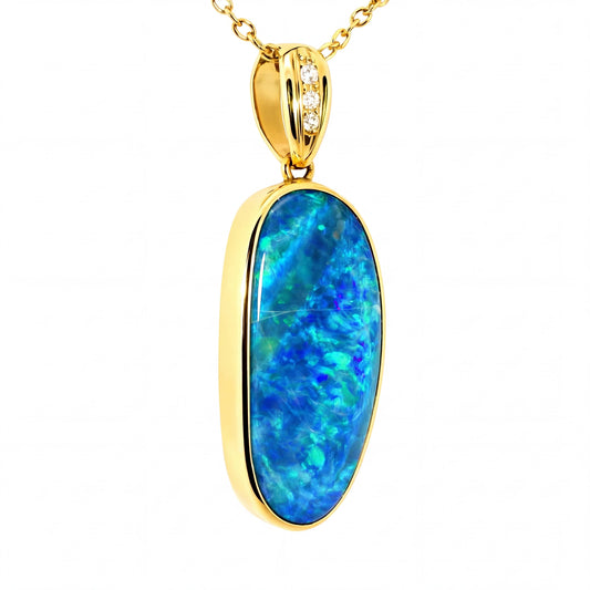 Doublet Opal Pendant in 14K Yellow Gold - Green-Blue - Australian Opal Cutters and Pearl Divers
