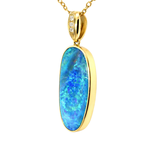 Doublet Opal Pendant in 14K Yellow Gold - Green-Blue - Australian Opal Cutters and Pearl Divers