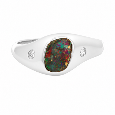 Freeform Boulder Opal Ring set in 925 Sterling Silver - Multicolour
