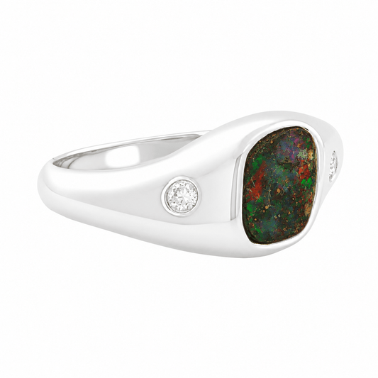Freeform Boulder Opal Ring set in 925 Sterling Silver - Multicolour - Australian Opal Cutters and Pearl Divers