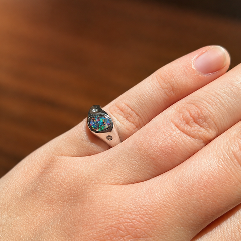 Freeform Boulder Opal Ring set in 925 Sterling Silver - Multicolour