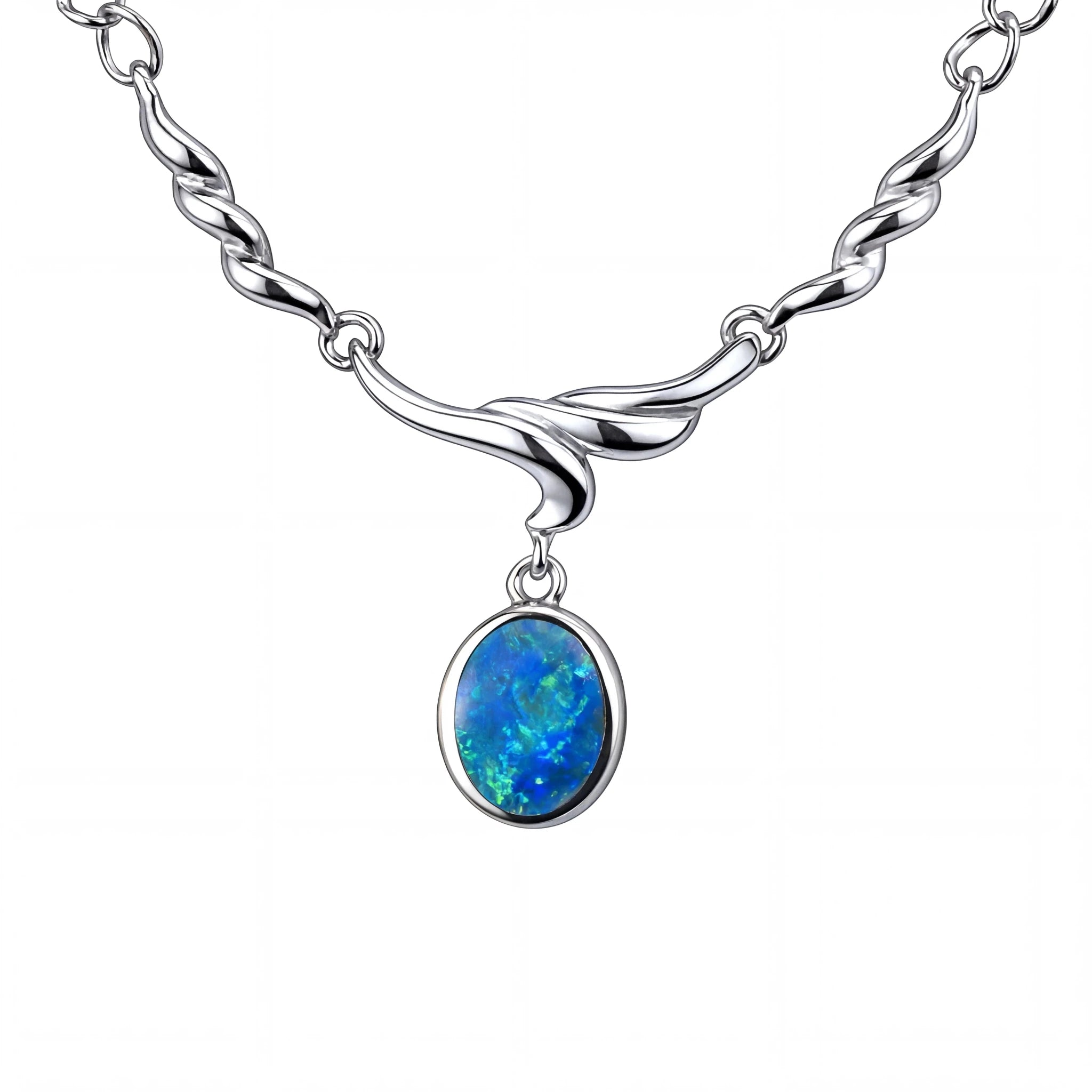 Silver necklace with a blue opal pendant on a white background