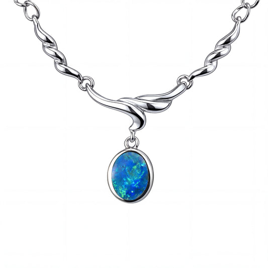 Doublet Opal Necklace in 925 Sterling Silver - Green-Blue