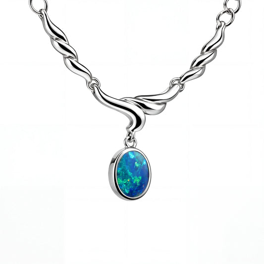 Doublet Opal Necklace in 925 Sterling Silver - Green-Blue