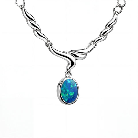 Silver necklace with a blue opal pendant on a white background
