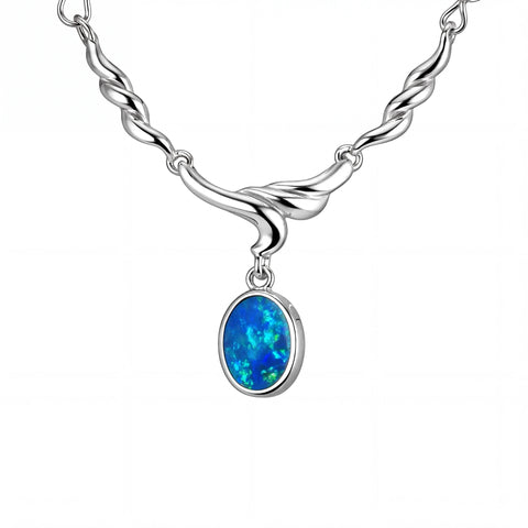 Silver necklace with a blue opal pendant on a white background