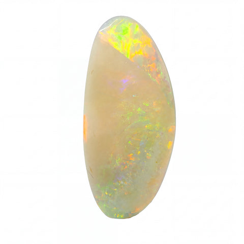 A polished oval cabochon opal gemstone displaying a creamy beige base with vibrant flashes of orange, yellow, green, and blue iridescence, set against a plain white background.