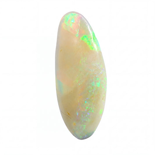 A polished oval cabochon opal gemstone showing a creamy off-white base with vibrant flashes of green, blue, and orange iridescence, isolated on a white background.