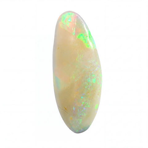 A polished oval cabochon opal gemstone showing a creamy off-white base with vibrant flashes of green, blue, and orange iridescence, isolated on a white background.