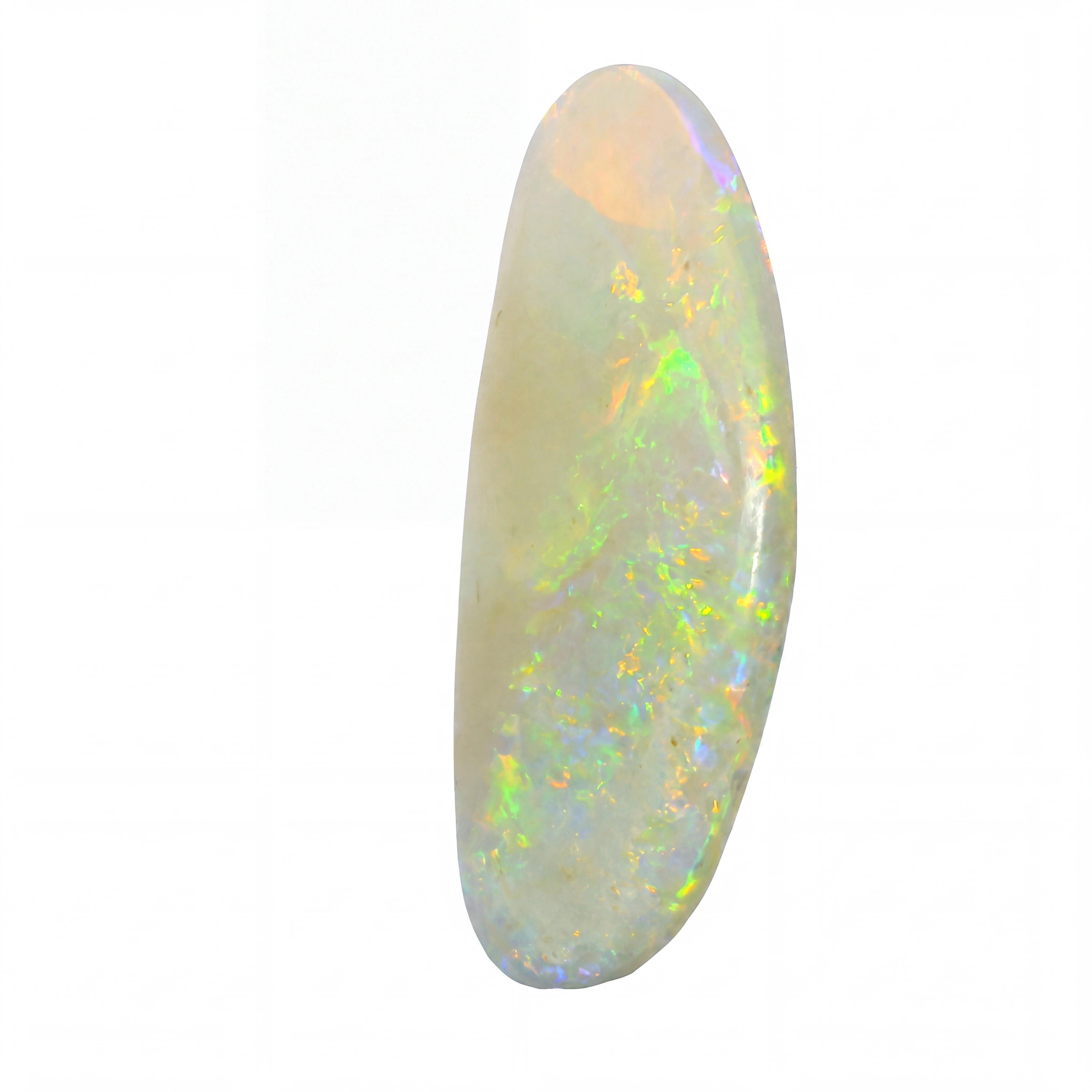 A polished oval opal gemstone displaying a play-of-colour with white, pale green, and iridescent rainbow flashes, set against a plain white background.