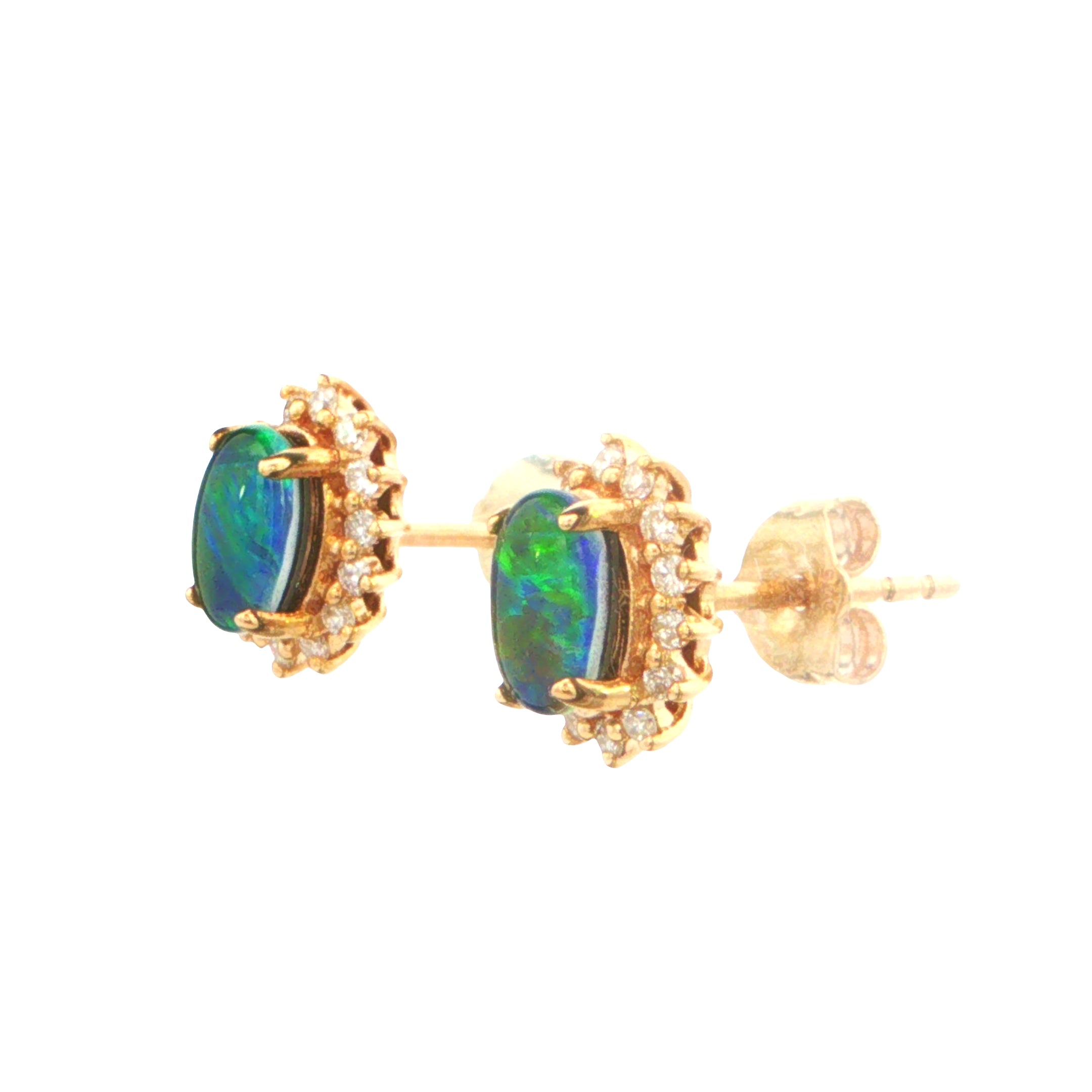 Australian Triplet Opal Earrings in 9K Yellow Gold with Diamonds - Green-Blue - Australian Opal Cutters and Pearl Divers