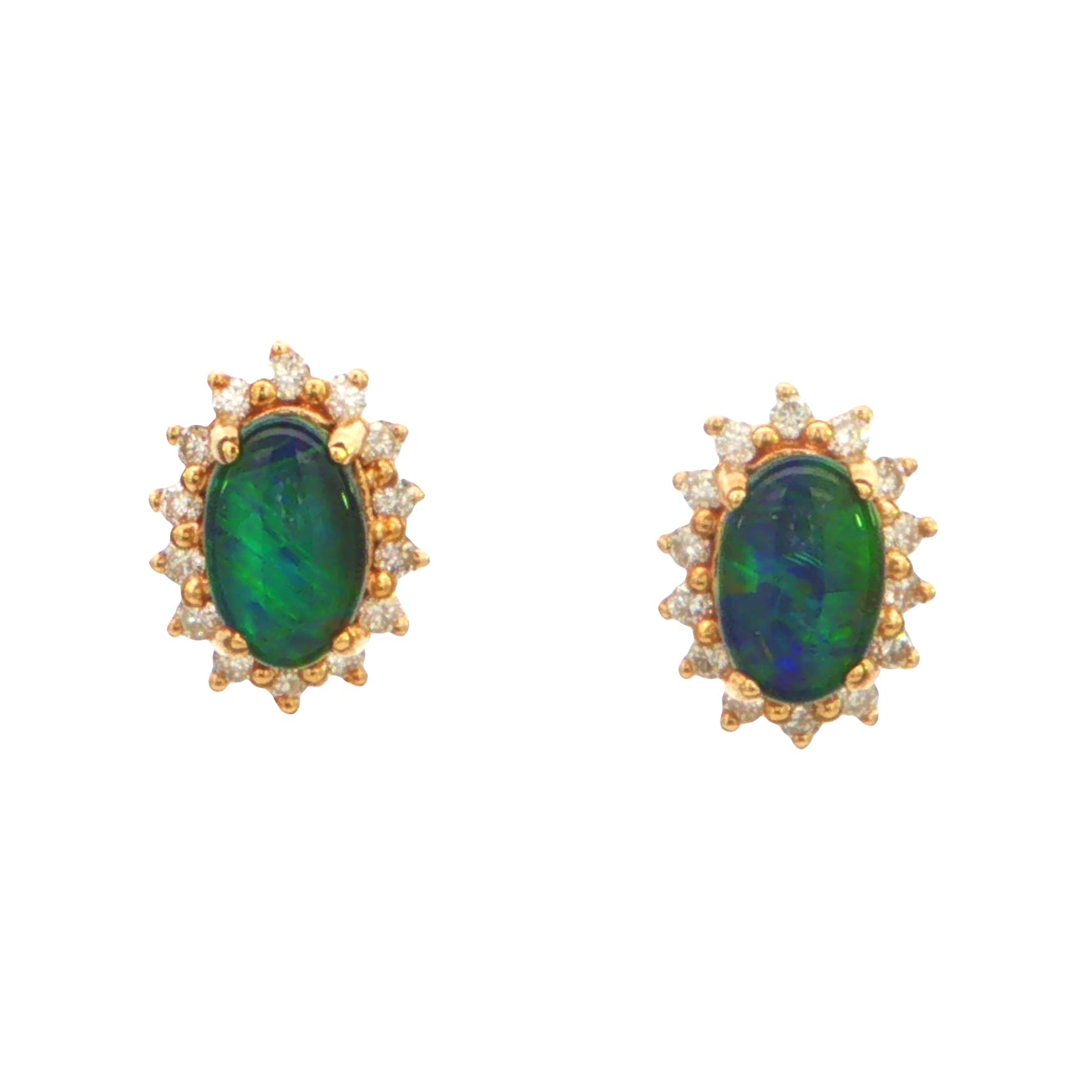 Australian Triplet Opal Earrings in 9K Yellow Gold with Diamonds - Green-Blue - Australian Opal Cutters and Pearl Divers