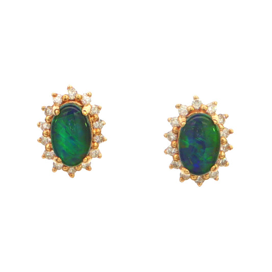 Australian Triplet Opal Earrings in 9K Yellow Gold with Diamonds - Green-Blue - Australian Opal Cutters and Pearl Divers
