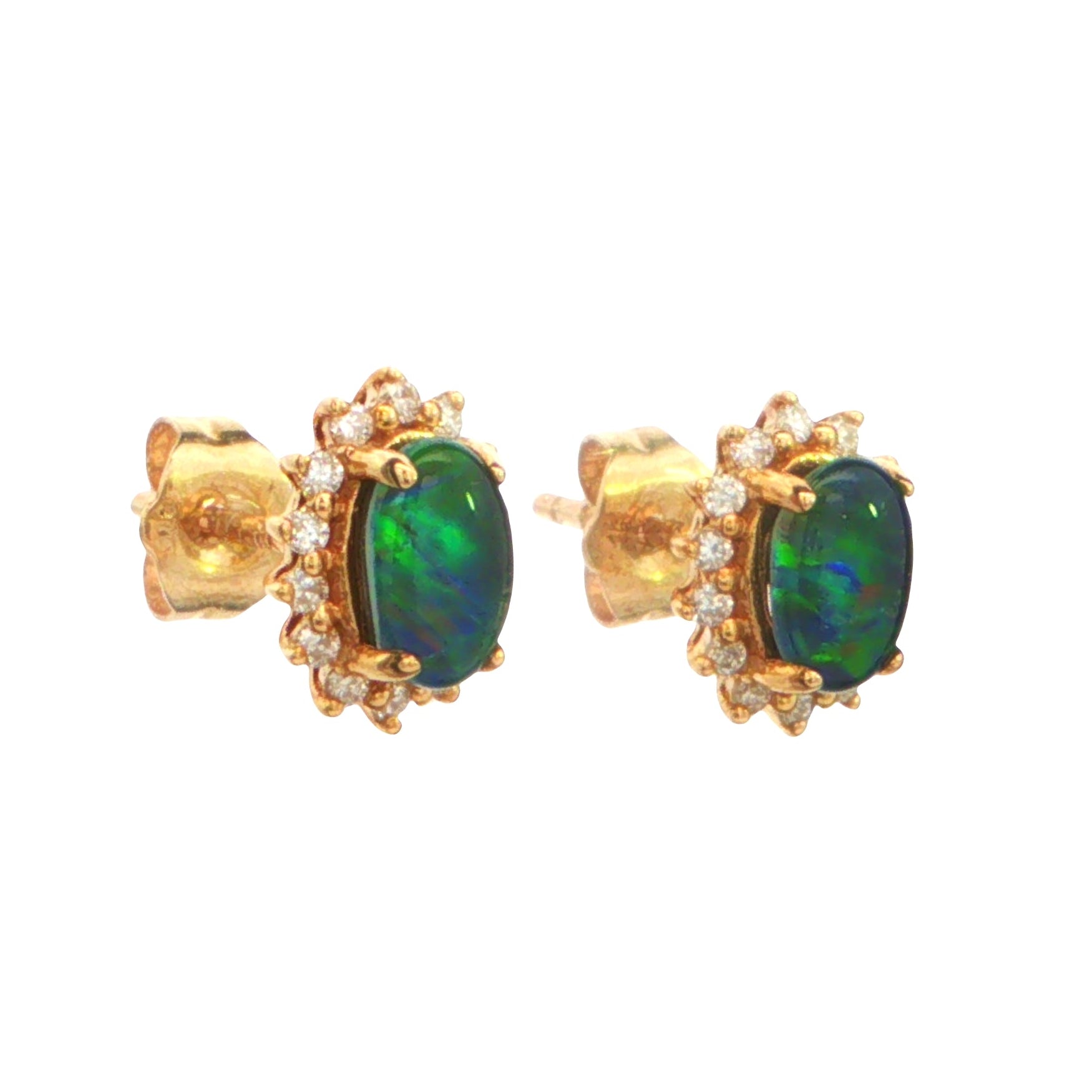 Australian Triplet Opal Earrings in 9K Yellow Gold with Diamonds - Green-Blue - Australian Opal Cutters and Pearl Divers
