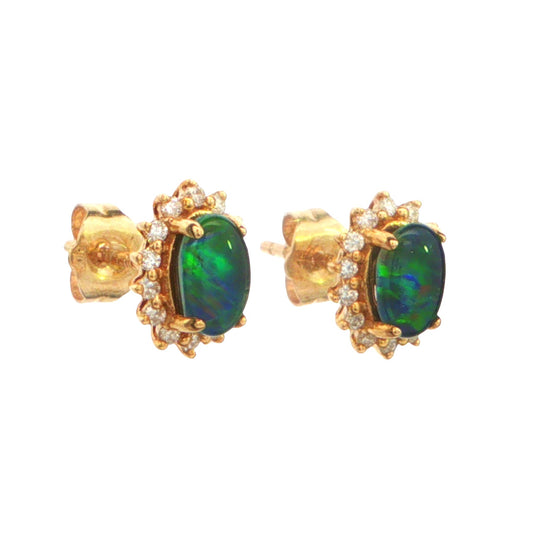 Australian Triplet Opal Earrings in 9K Yellow Gold with Diamonds - Green-Blue - Australian Opal Cutters and Pearl Divers