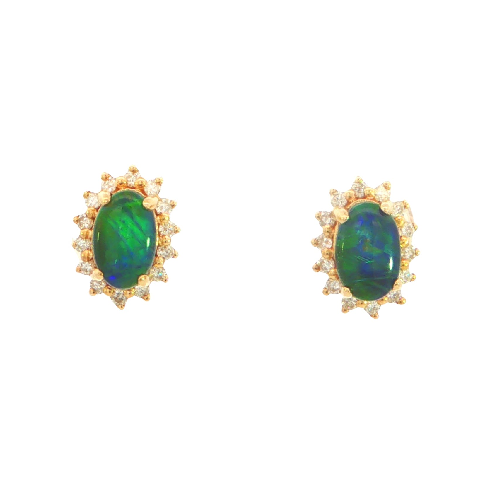 Australian Triplet Opal Earrings in 9K Yellow Gold with Diamonds - Green-Blue - Australian Opal Cutters and Pearl Divers