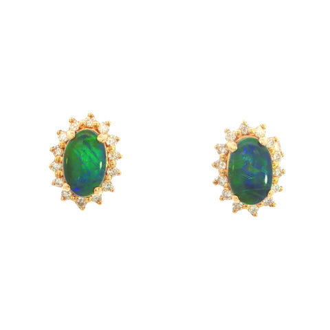 Australian Triplet Opal Earrings in 9K Yellow Gold with Diamonds - Green-Blue - Australian Opal Cutters and Pearl Divers