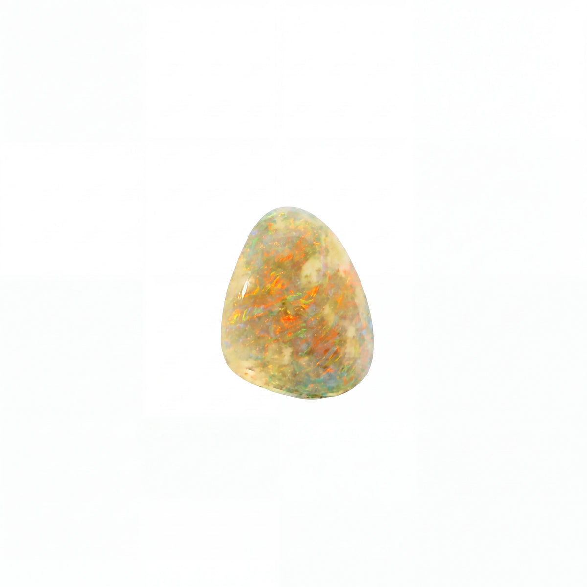 A polished triangular cabochon gemstone with a mottled play-of-colour pattern featuring orange, blue, green, and cream, set against a solid white background.