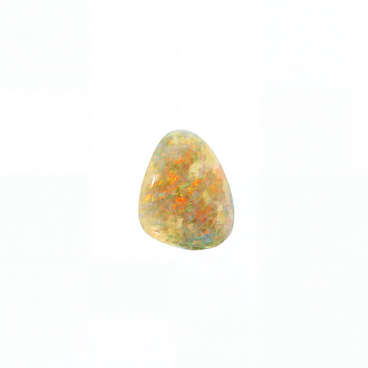 A polished triangular cabochon gemstone with a mottled play-of-colour pattern featuring orange, blue, green, and cream, set against a solid white background.