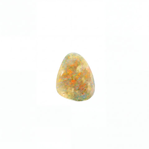 A polished triangular cabochon gemstone with a mottled play-of-colour pattern featuring orange, blue, green, and cream, set against a solid white background.