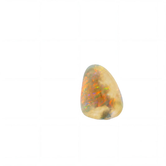 A small, polished teardrop-shaped opal gemstone with a creamy beige base and vibrant, shifting internal flashes of orange, green, and blue, set against a solid white background.