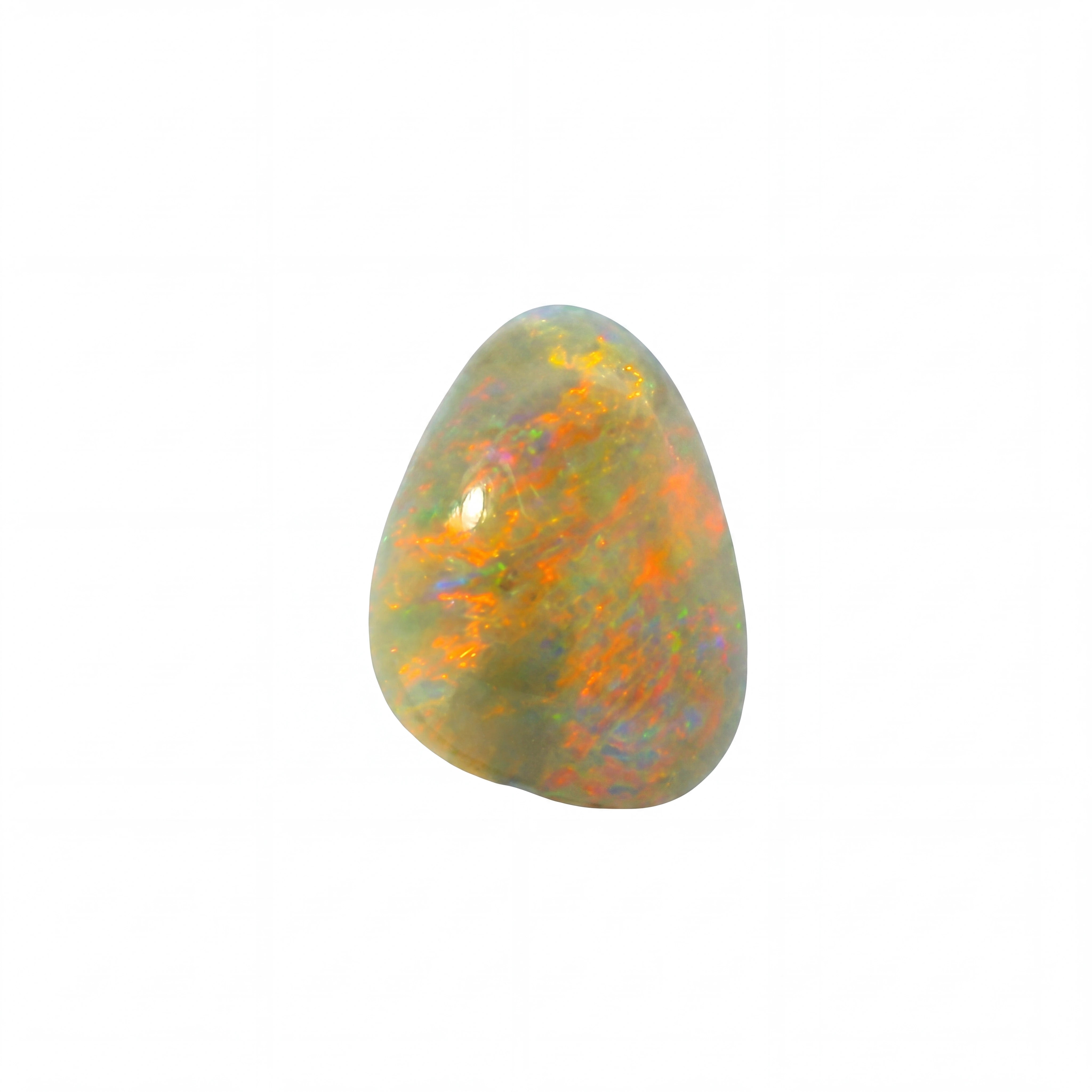 A small teardrop-shaped cabochon opal gemstone with a mix of white, orange, and green iridescent colours, centred on a plain white background.