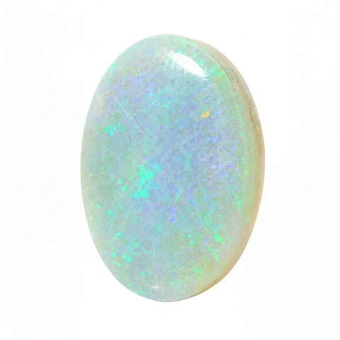 An oval cabochon opal gemstone displaying a play-of-colour with iridescent flashes of green, blue, and purple on a white base, set against a plain white background.