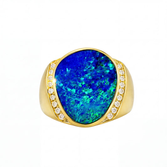 Doublet Opal Men's Ring in 14K Yellow Gold - Green-Blue - Australian Opal Cutters and Pearl Divers