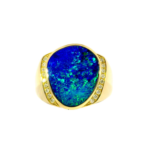 Doublet Opal Men's Ring in 14K Yellow Gold - Green-Blue