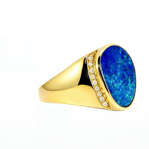 Doublet Opal Men's Ring in 14K Yellow Gold - Green-Blue
