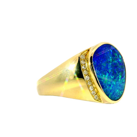 Doublet Opal Men's Ring in 14K Yellow Gold - Green-Blue
