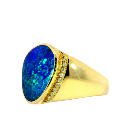 Doublet Opal Men's Ring in 14K Yellow Gold - Green-Blue