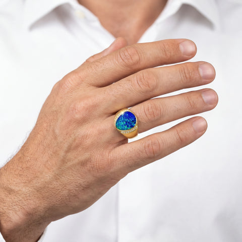 Doublet Opal Men's Ring in 14K Yellow Gold - Green-Blue