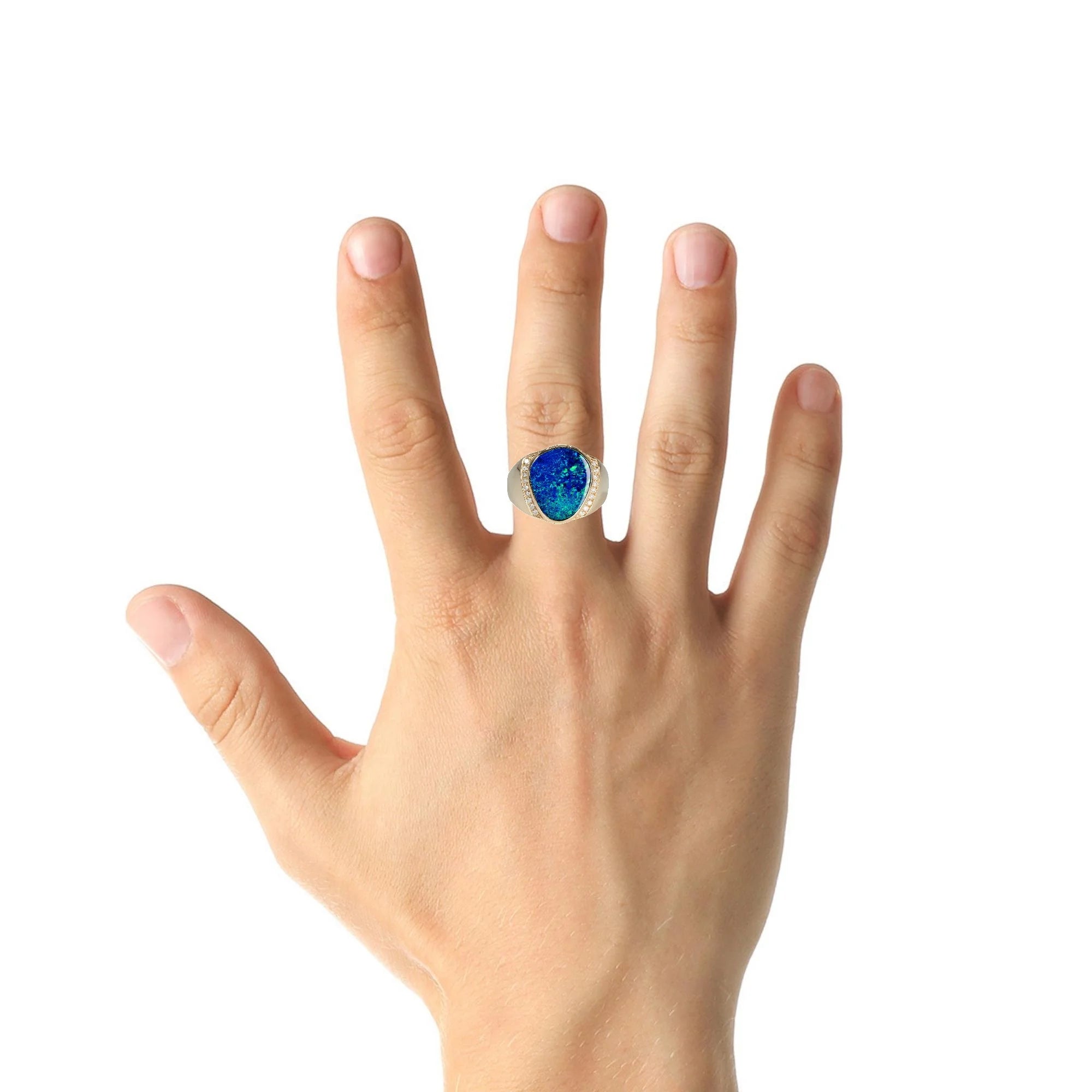 Doublet Opal Men's Ring in 14K Yellow Gold - Green-Blue