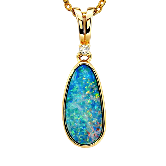 Doublet Opal Pendant in 14K Yellow Gold - Multicolour - Australian Opal Cutters and Pearl Divers